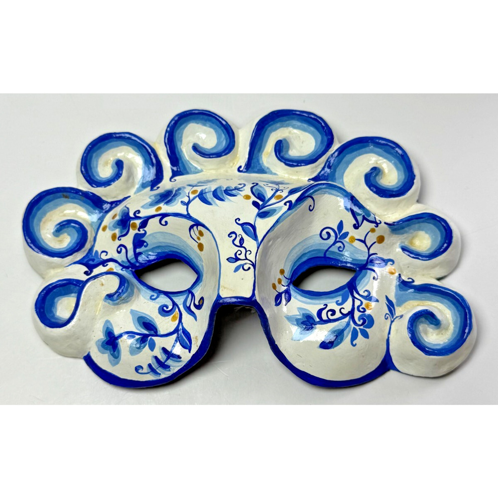 Vintage Venetian Carnival Paper Maché Blue & White Hand Painted Mask Italy Wall